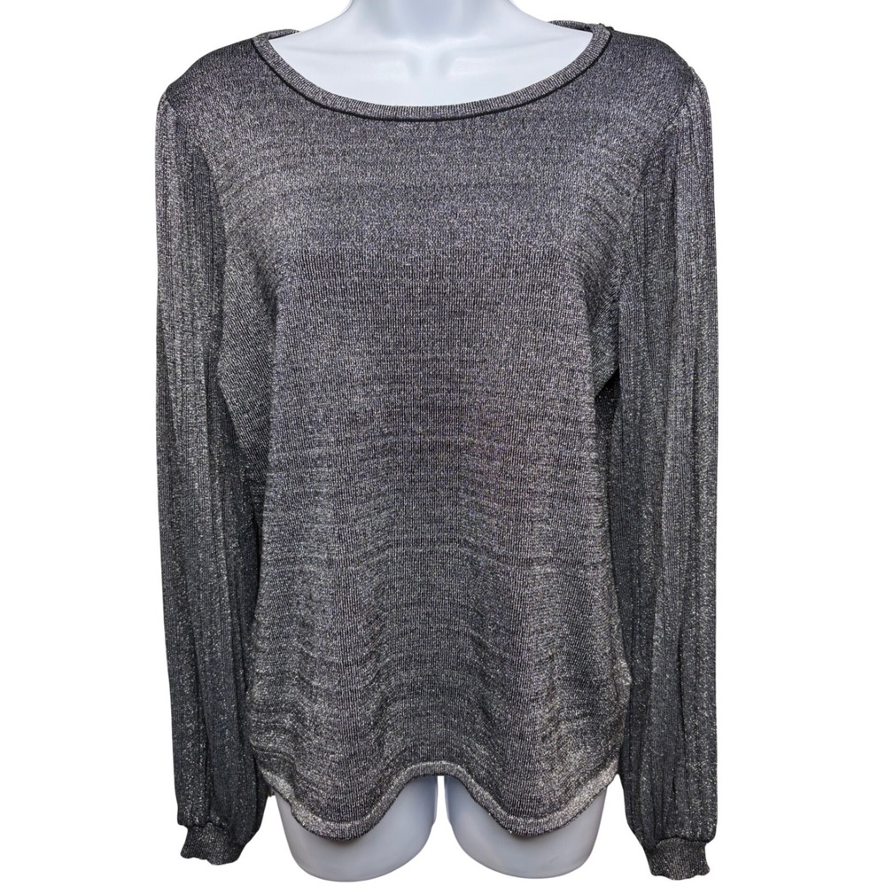 TAHARI Women Silver Metallic Shimmer Knit Long Sleeve Top XL Ribbed Evening Glam